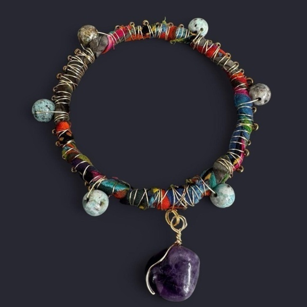 Fabric Wire Wrapped Bangle Bracelet